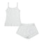 A two-piece children's sleepwear set featuring a white camisole tank top and matching shorts, both decorated with a small light blue floral pattern.