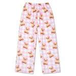 Pink gingham pajama pants with an all-over teddy bear print, featuring a drawstring waistband.