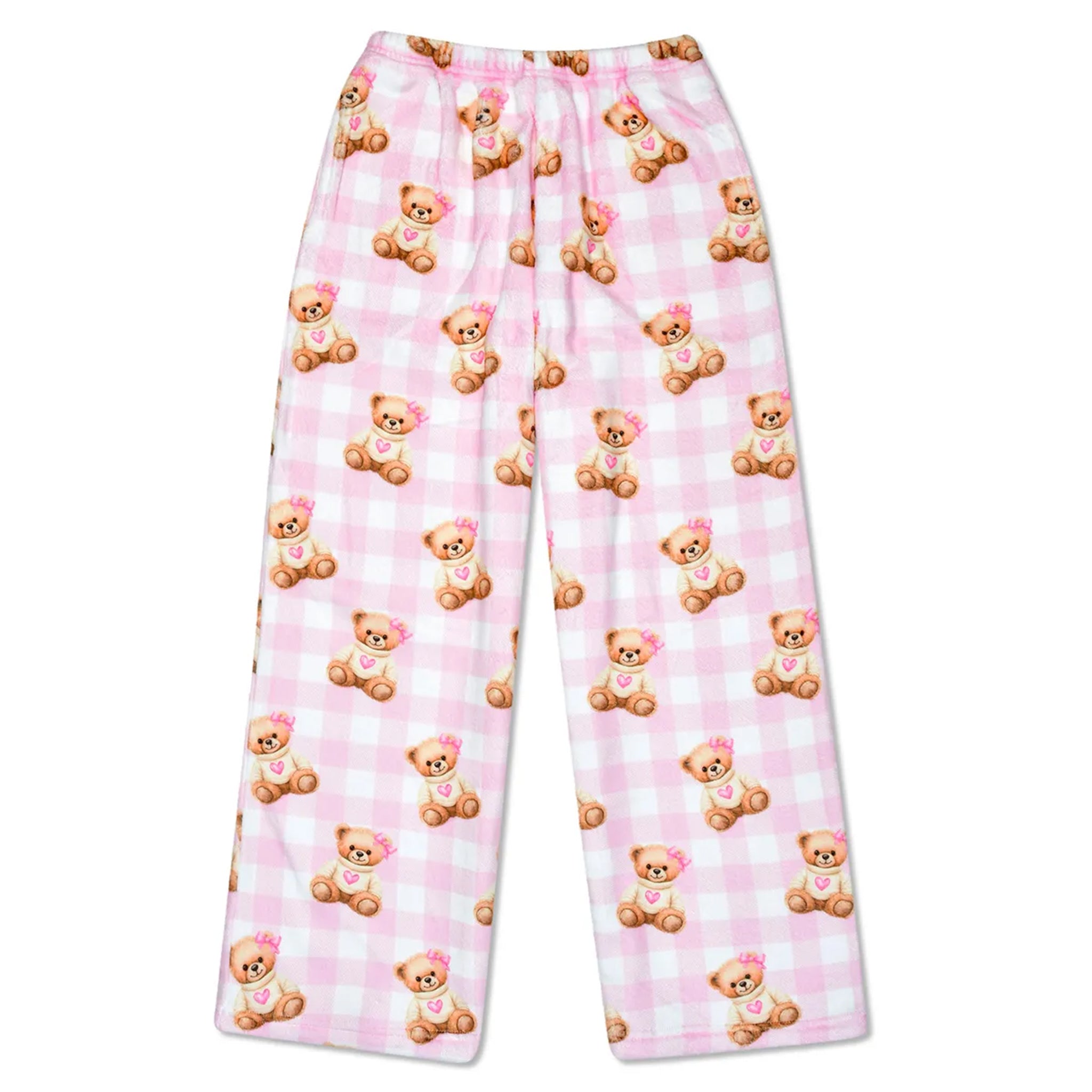Pink gingham pajama pants with an all-over teddy bear print, featuring a drawstring waistband.