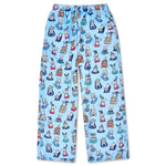 Light blue pajama pants with cartoon character pattern on a white background