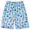 Light blue shorts featuring an all-over cartoon dog print in navy, red, white, and orange, displayed flat against a white background.