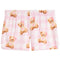 Pink and white gingham check pajama shorts featuring a repeating pattern of cute teddy bears wearing sweaters with pink hearts and bows.