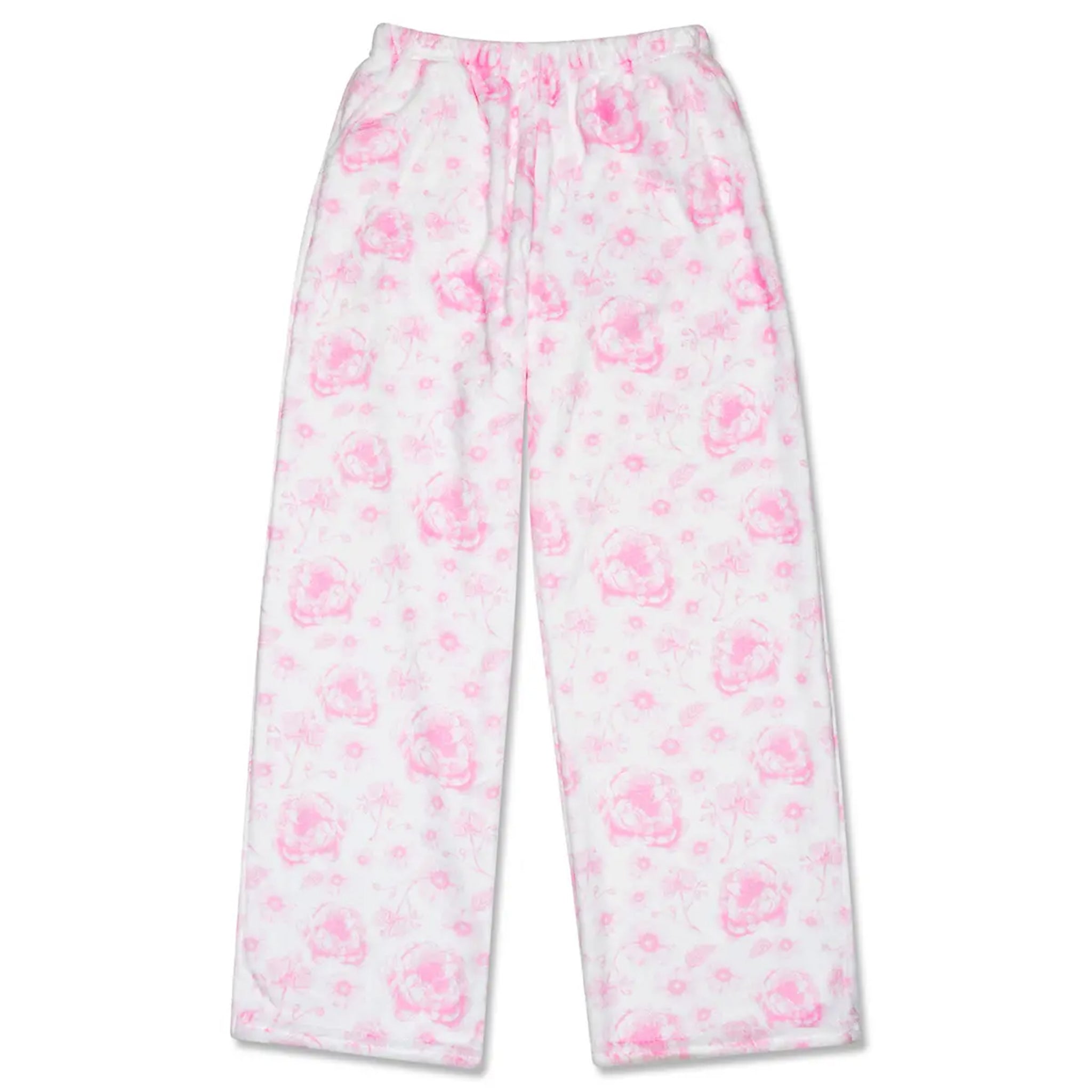 White fleece pajama pants with a pink floral pattern, featuring an elastic waistband and drawstring.