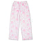 White fleece pajama pants with a pink floral pattern, featuring an elastic waistband and drawstring.