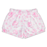 White fleece shorts with a pink watercolor floral pattern, featuring an elastic waistband.