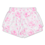 White fleece shorts with a pink watercolor floral pattern and a side pocket, shown against a plain white background.
