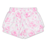 White fleece shorts with a pink watercolor floral pattern and a side pocket, shown against a plain white background.