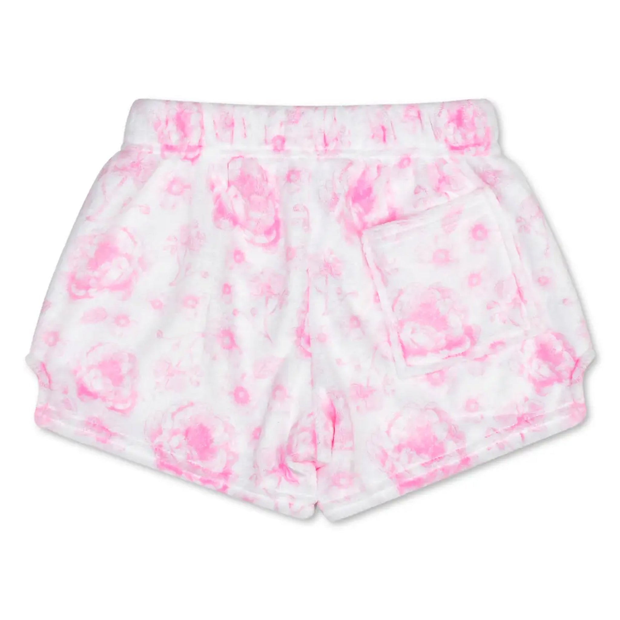 White fleece shorts with a pink watercolor floral pattern and a side pocket, shown against a plain white background.