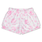 White fleece shorts with a pink watercolor floral pattern, featuring an elastic waistband.