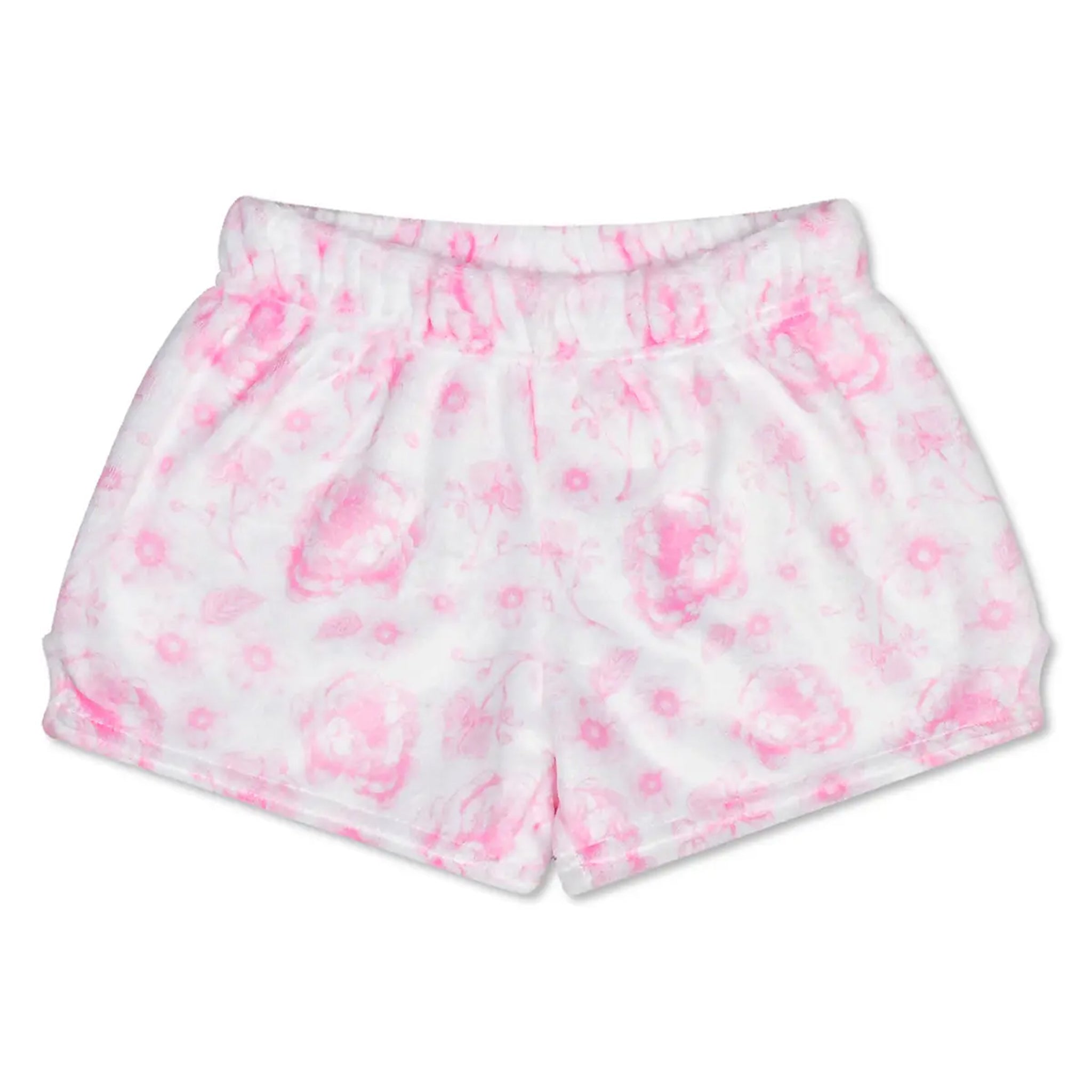 White fleece shorts with a pink watercolor floral pattern, featuring an elastic waistband.