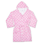 A pink and white patterned hooded bathrobe with a matching tie belt, displayed flat against a white background.