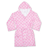 A pink and white patterned hooded bathrobe with a matching tie belt, displayed flat against a white background.