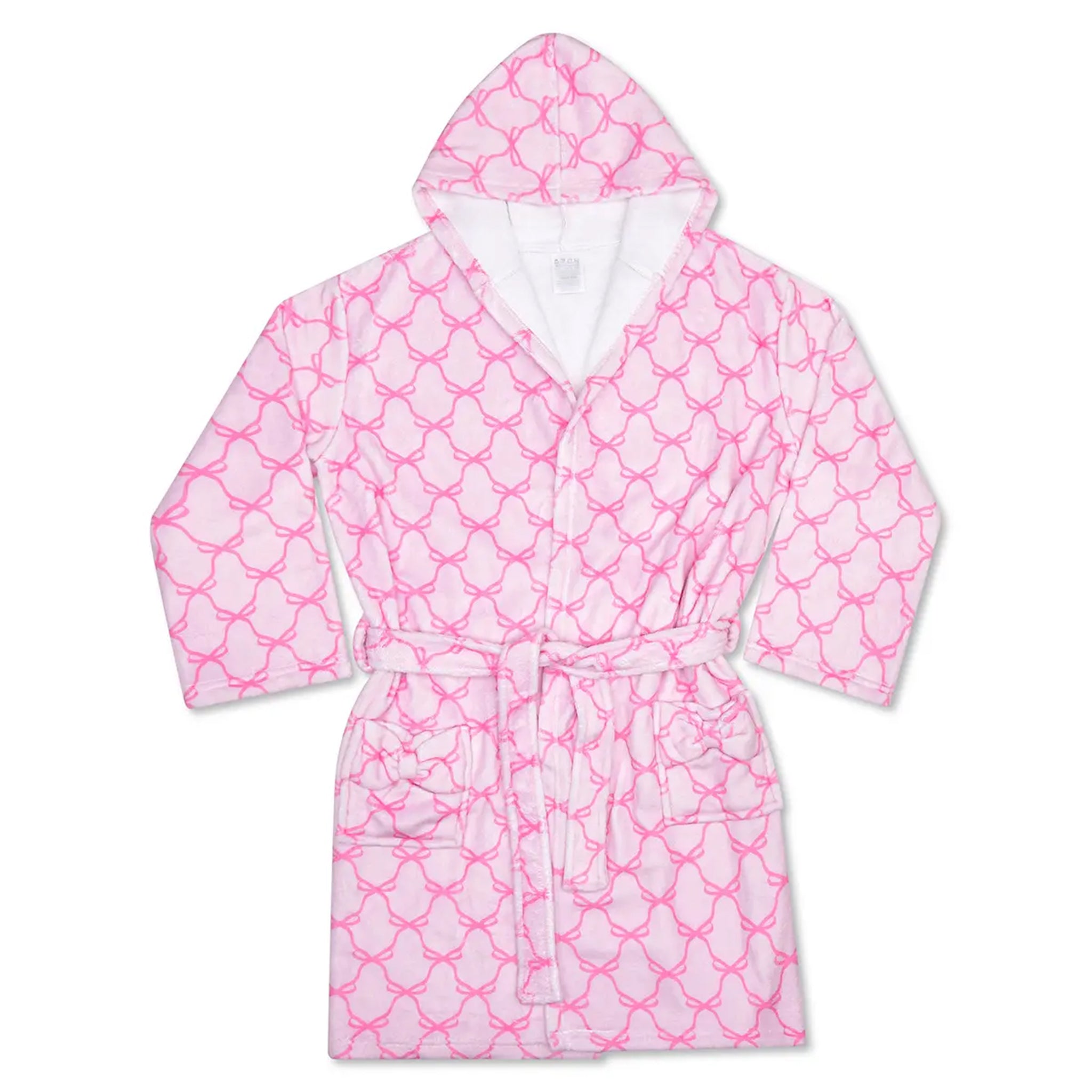 A pink and white patterned hooded bathrobe with a matching tie belt, displayed flat against a white background.