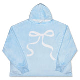 A light blue hooded sleep shirt with a large white bow graphic printed on the front, displayed flat against a plain white background.