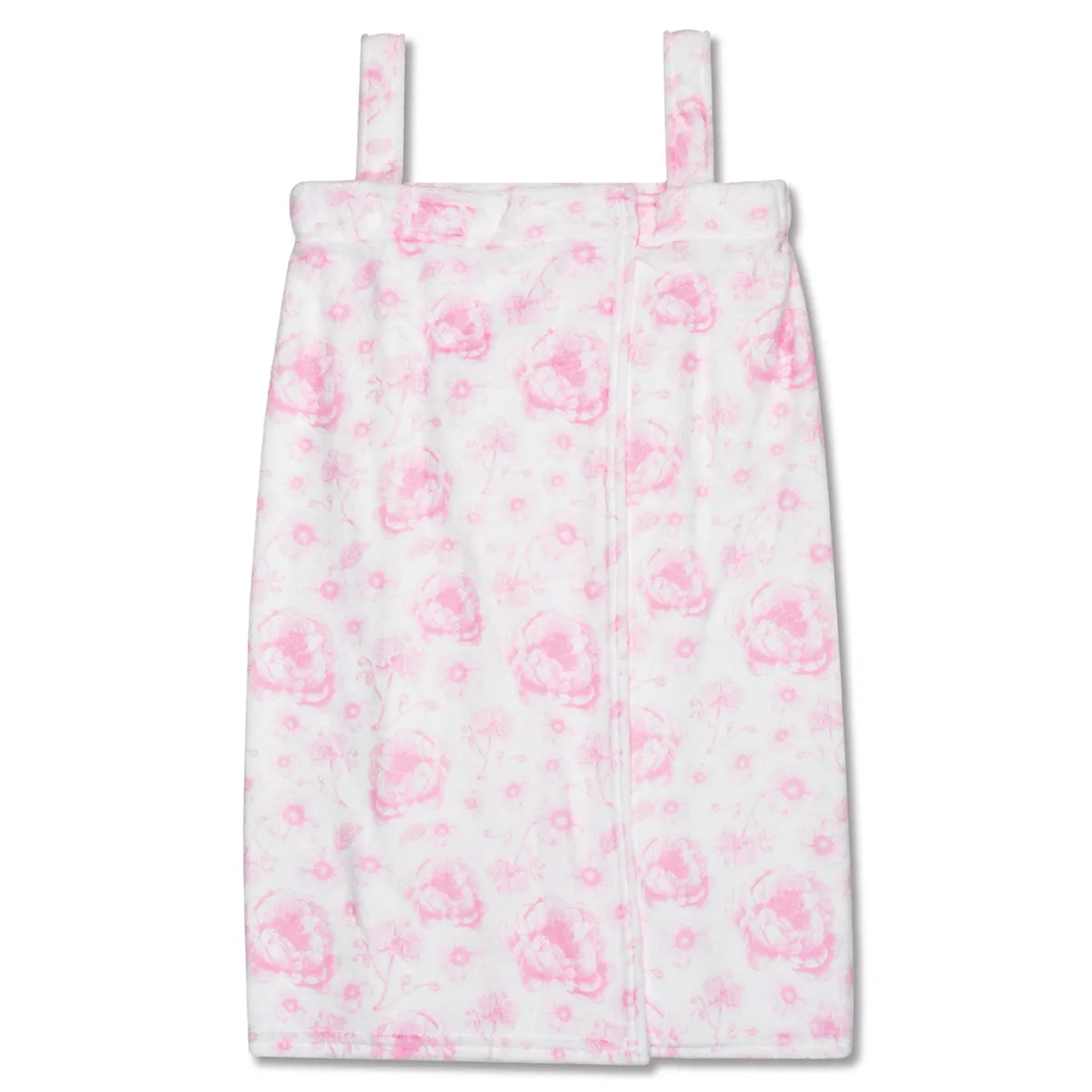 A white spa wrap with a pink floral pattern, featuring thin shoulder straps and a front closure, shown against a plain white background.