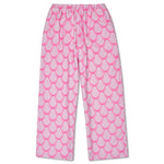 Pink and white patterned lounge pants with an elastic waistband, shown flat against a white background.