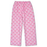 Pink and white patterned lounge pants with an elastic waistband, shown flat against a white background.