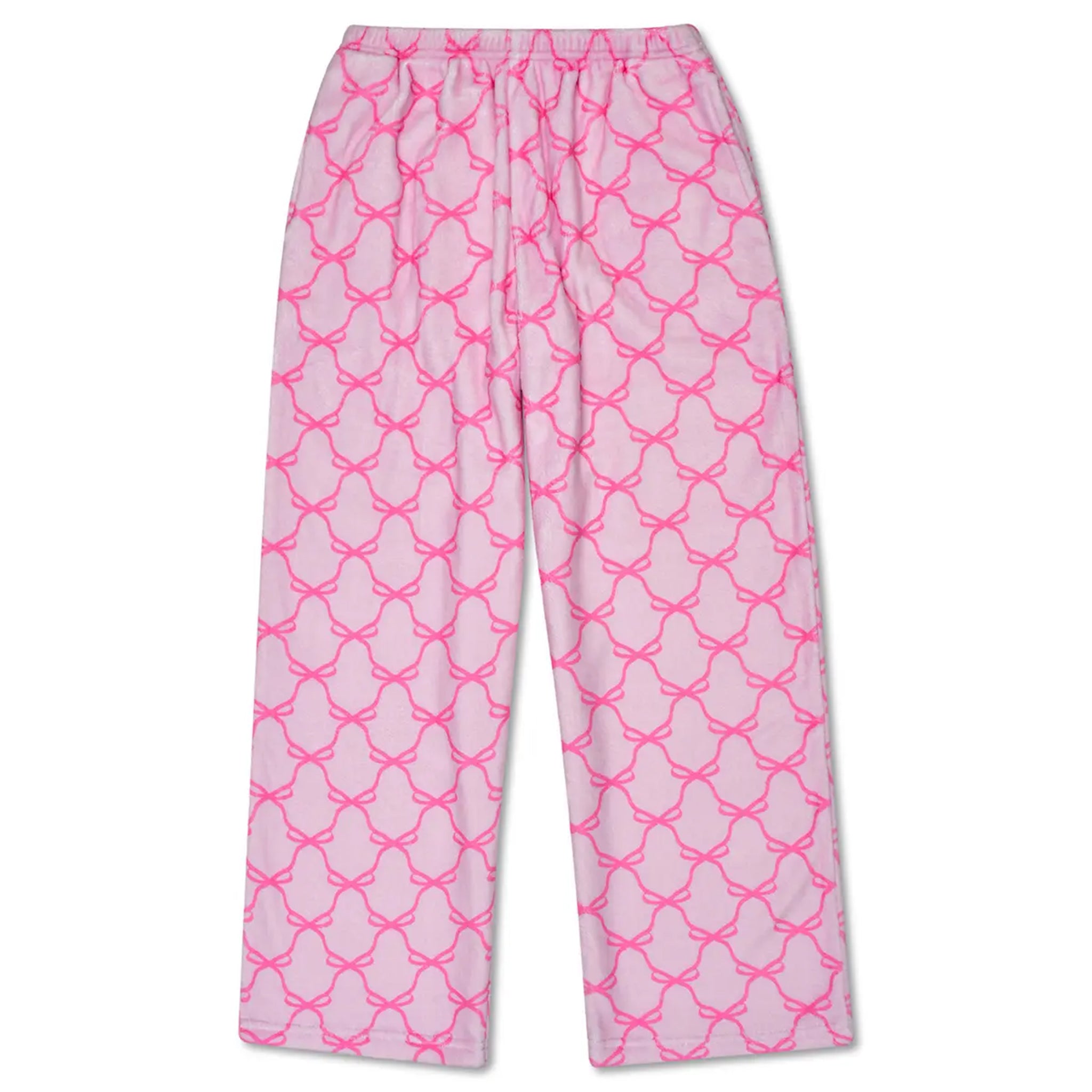 Pink and white patterned lounge pants with an elastic waistband, shown flat against a white background.