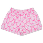 Pink and white patterned lounge shorts with an elastic waistband and a side pocket, featuring a repeating bow motif.