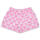 Pink and white patterned lounge shorts with an elastic waistband and a side pocket, featuring a repeating bow motif.