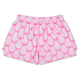 Pink and white patterned lounge shorts with an elastic waistband, featuring a repeating bow motif.