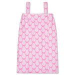 A pink and white patterned spa wrap with shoulder straps, shown flat against a white background.