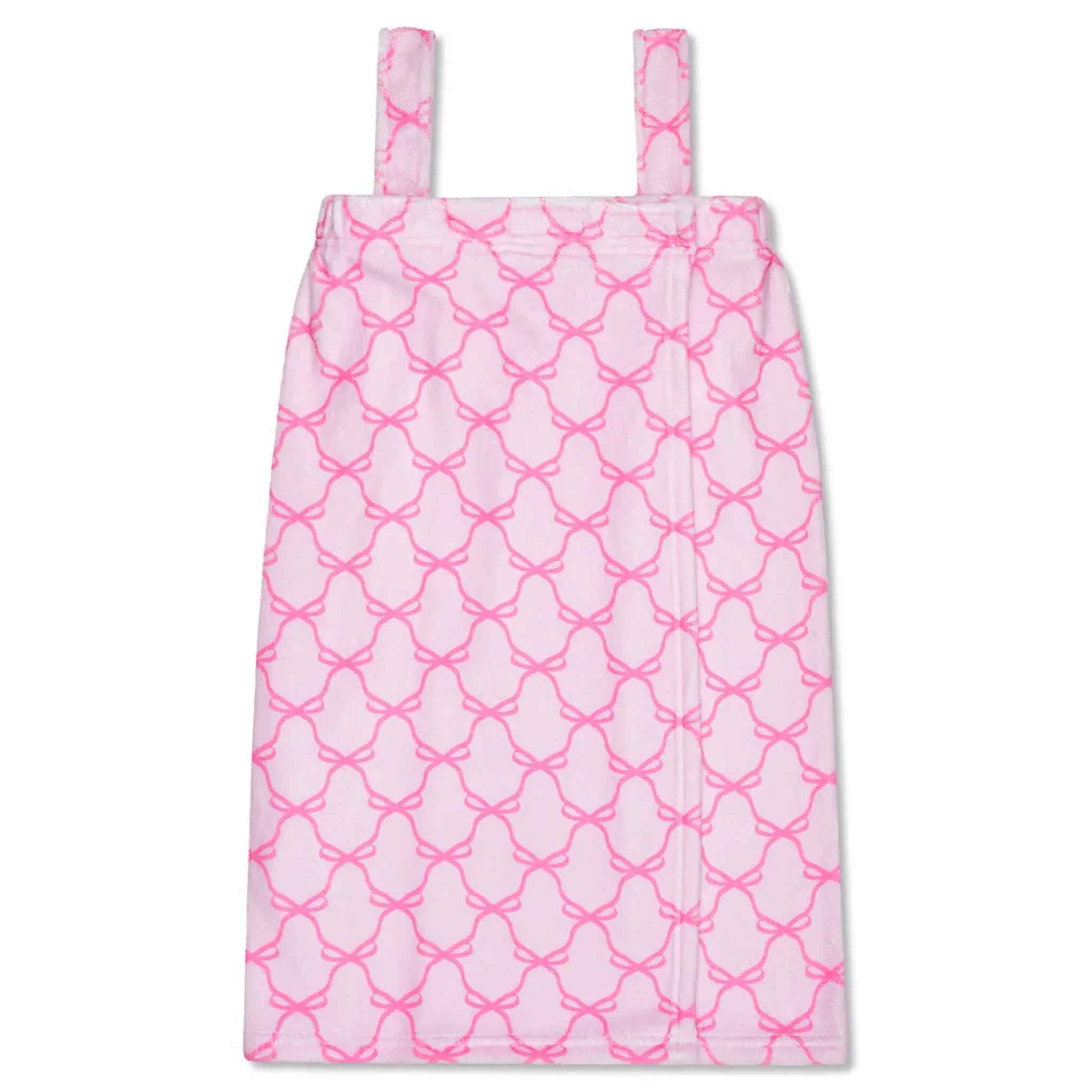 A pink and white patterned spa wrap with shoulder straps, shown flat against a white background.