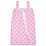 A pink and white patterned spa wrap with shoulder straps and a front tie closure, shown flat against a white background.