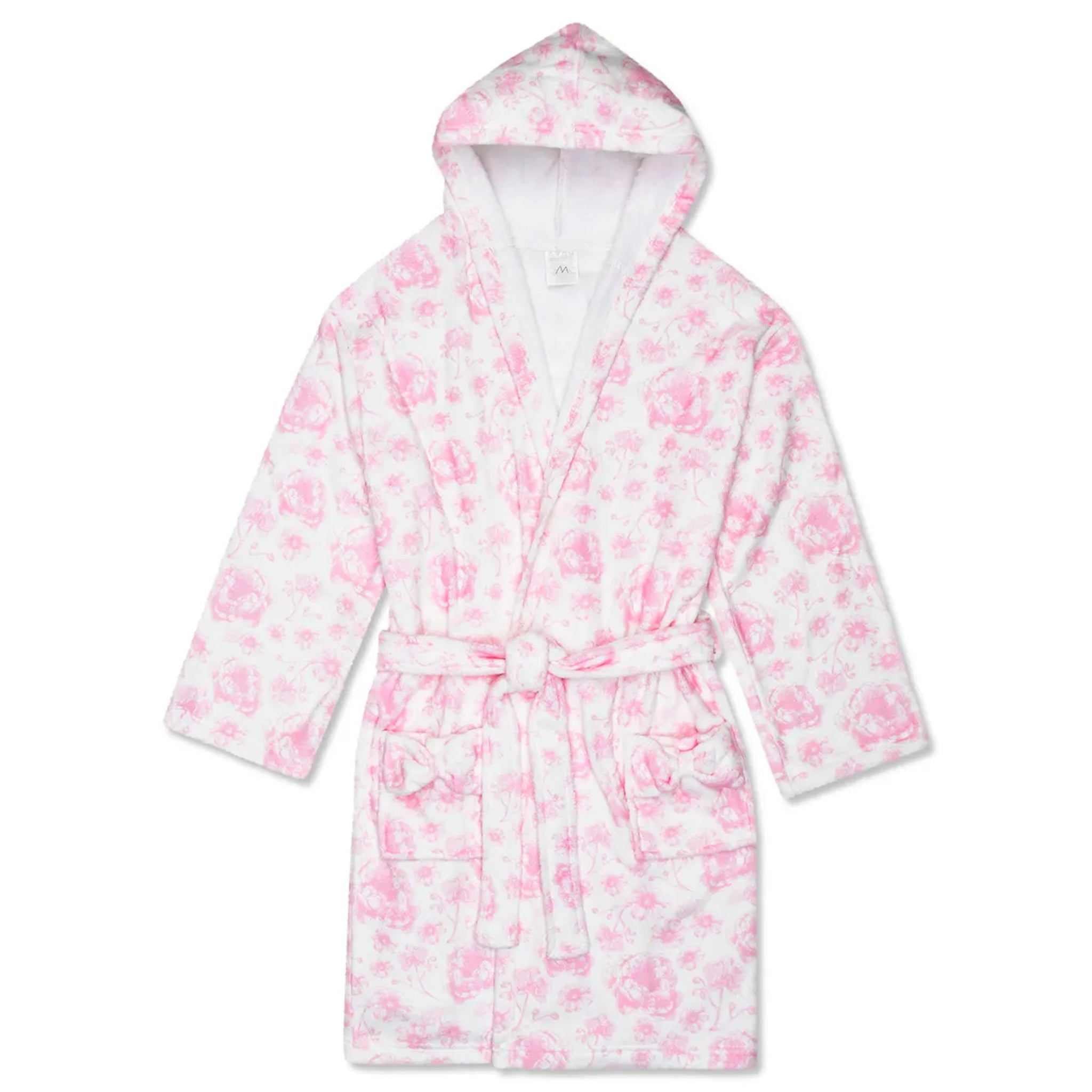 A white hooded bathrobe with a pink floral pattern, featuring a tie belt and front pockets, shown against a plain white background.