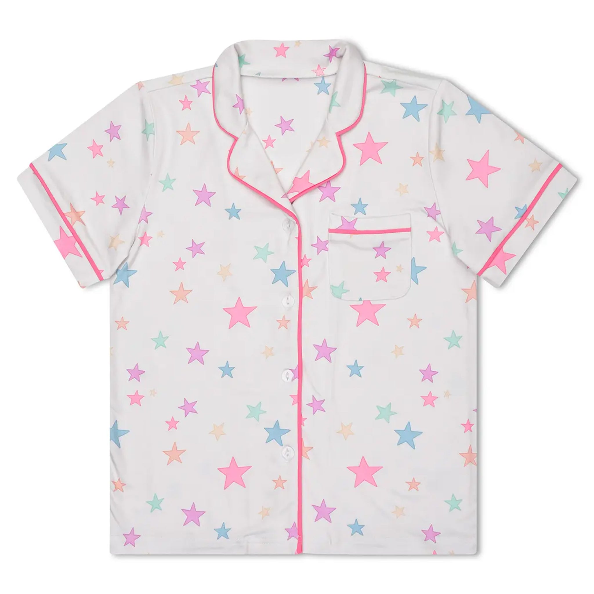 A short-sleeve pajama shirt with a white base, decorated with a pattern of pastel pink, blue, and yellow stars, and finished with pink piping on the collar, placket, and sleeve cuffs.