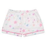 White shorts with an all-over pastel star print in pink, blue, and orange, featuring a pink piping trim along the hem.