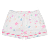 White shorts with an all-over pastel star print in pink, blue, and orange, featuring a pink piping trim along the hem.