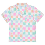 A short-sleeve pajama shirt with a pastel multicolor checkered pattern on a white base, featuring light pink, mint green, and peach squares with small smiley faces, hearts, stars, and a chest pocket.