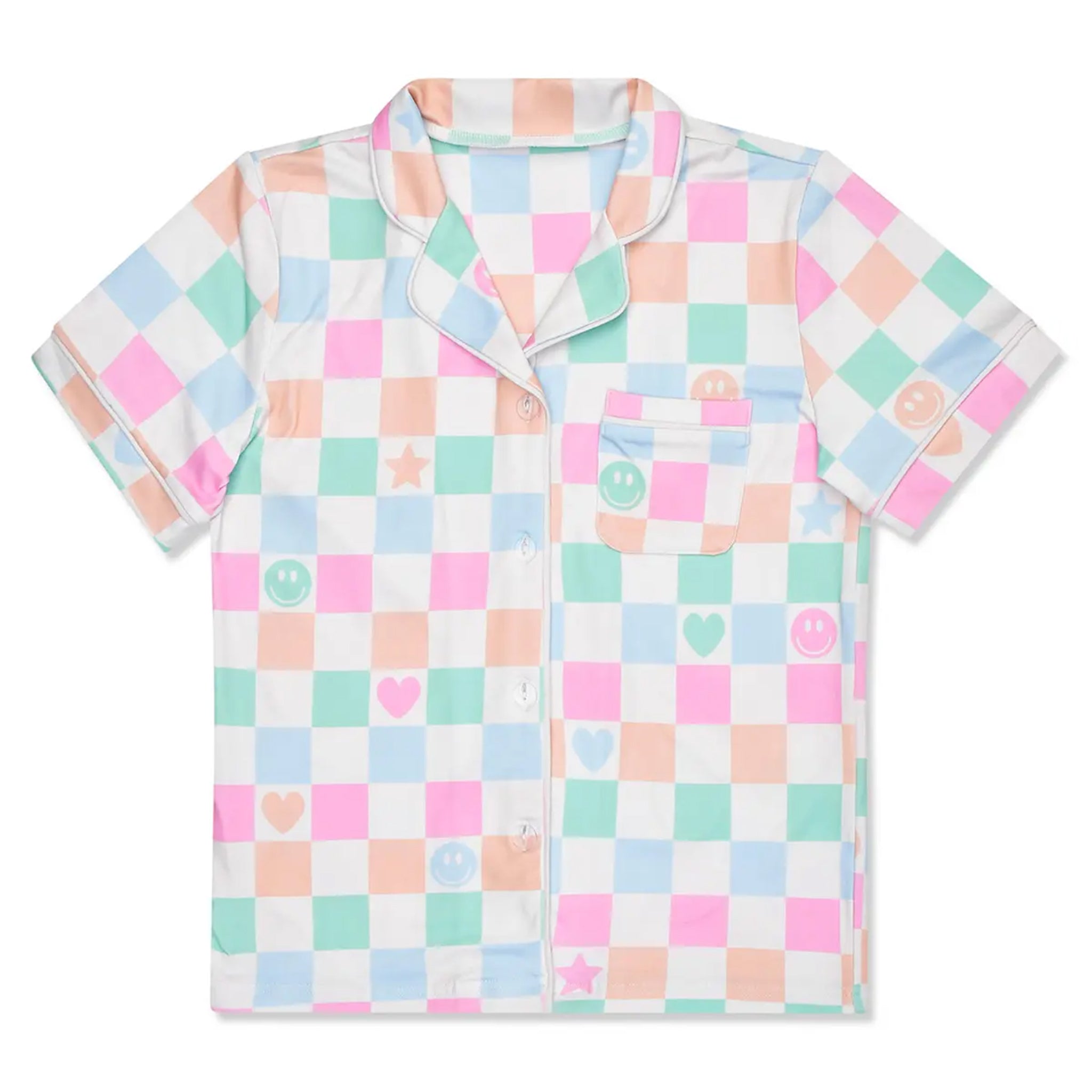 A short-sleeve pajama shirt with a pastel multicolor checkered pattern on a white base, featuring light pink, mint green, and peach squares with small smiley faces, hearts, stars, and a chest pocket.