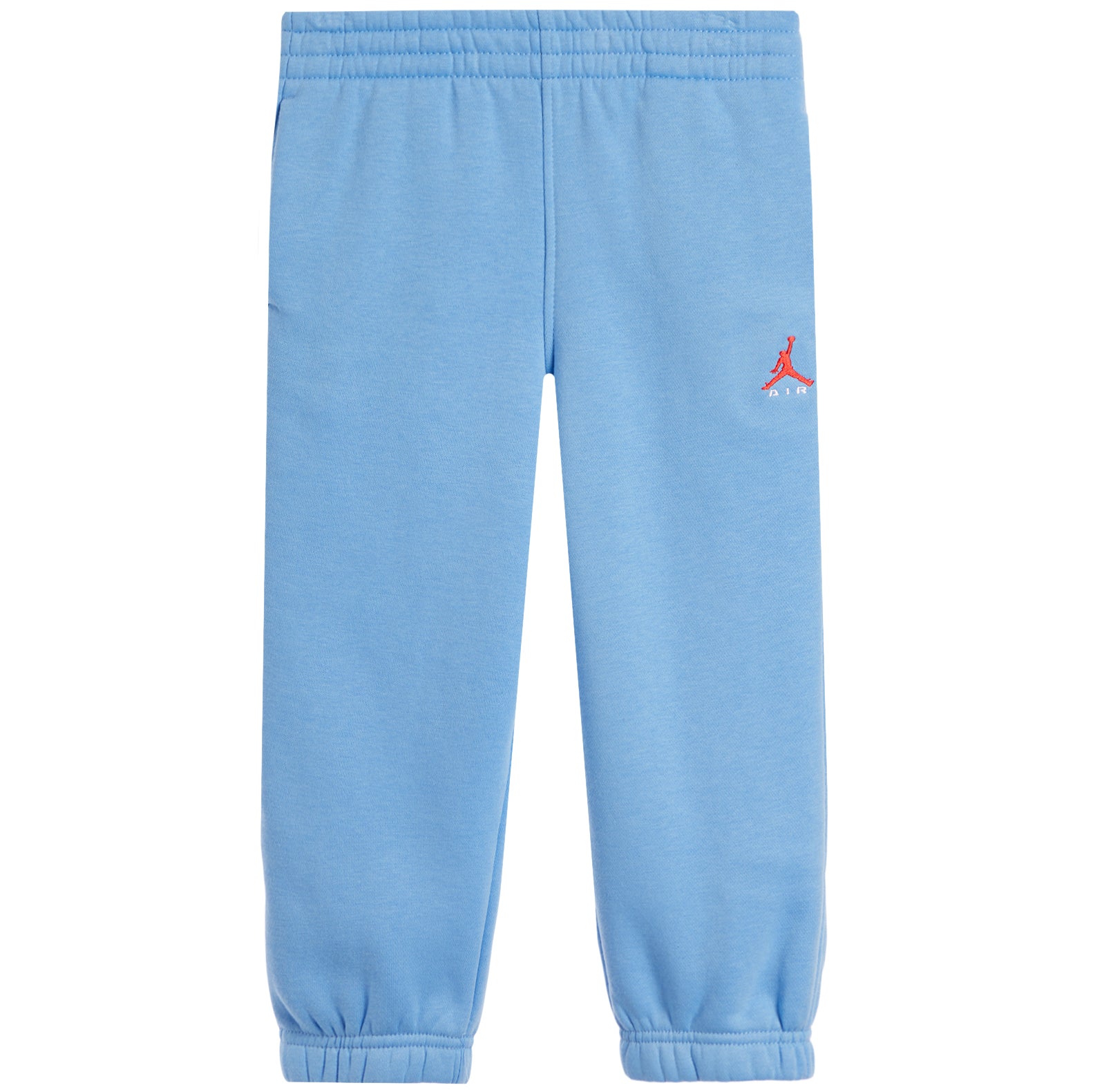Light blue sweatpants with an elastic waistband and cuffs, featuring a small red and white Jordan logo on the left thigh, shown against a plain white background.