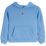A light blue hooded sweatshirt with a small red Jumpman logo on the chest, displayed against a solid white background.