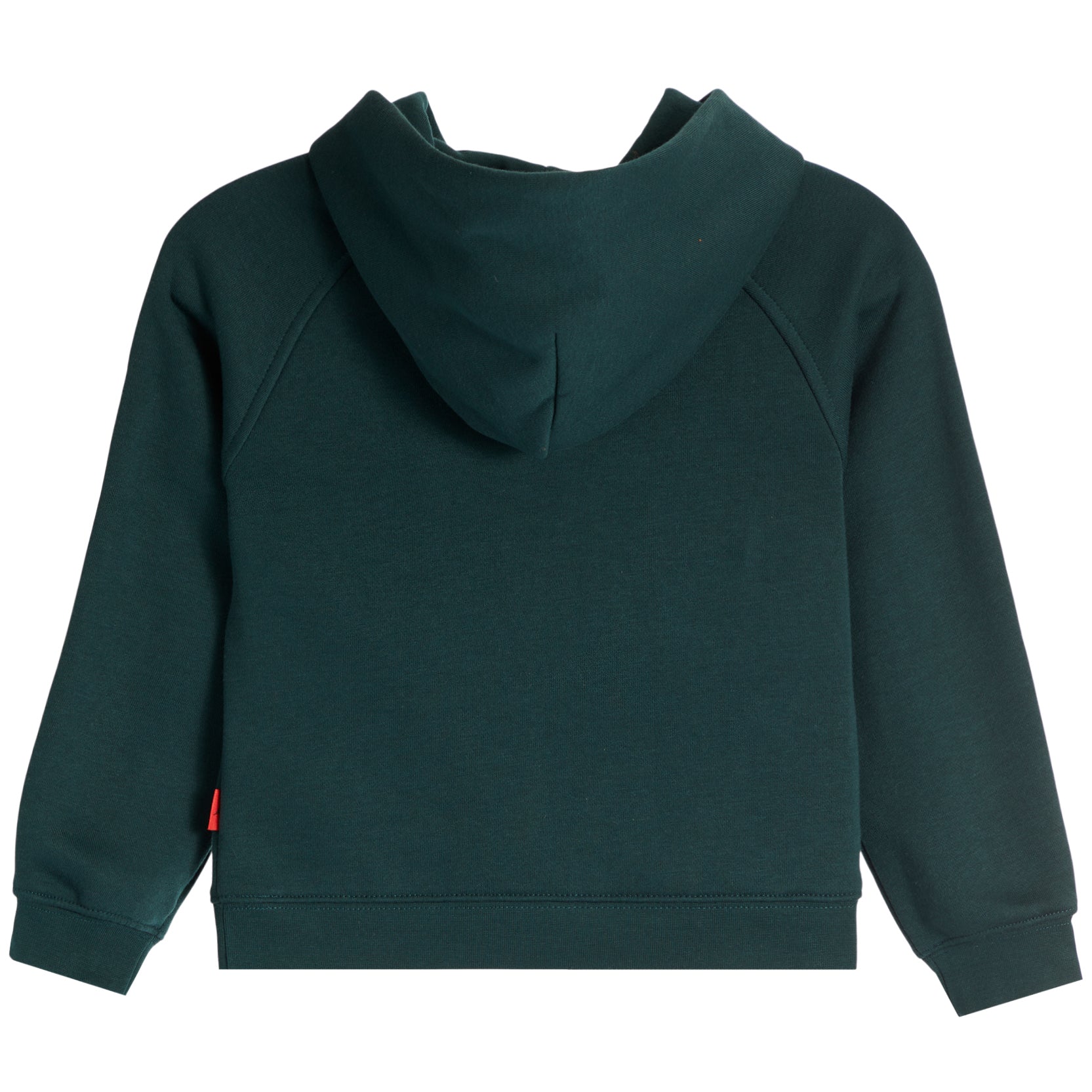 A dark green hooded sweatshirt shown from the back, featuring a simple back view with a small red tag on the left sleeve cuff, set against a plain white background.