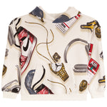An off-white pullover hoodie featuring a detailed graphic print of various sneakers, gold watches, rings, headphones, and vintage ticket illustrations.