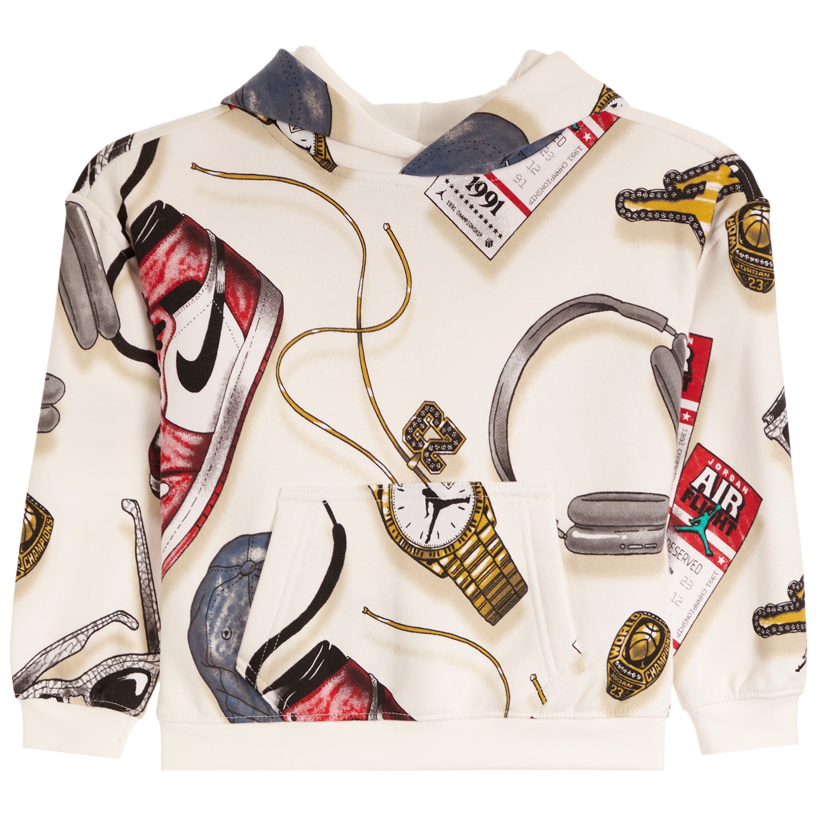 An off-white pullover hoodie featuring a detailed graphic print of various sneakers, gold watches, rings, headphones, and vintage ticket illustrations.