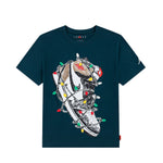 A dark teal Jordan t-shirt featuring a graphic of a sneaker wrapped in Christmas lights, displayed flat against a white background.