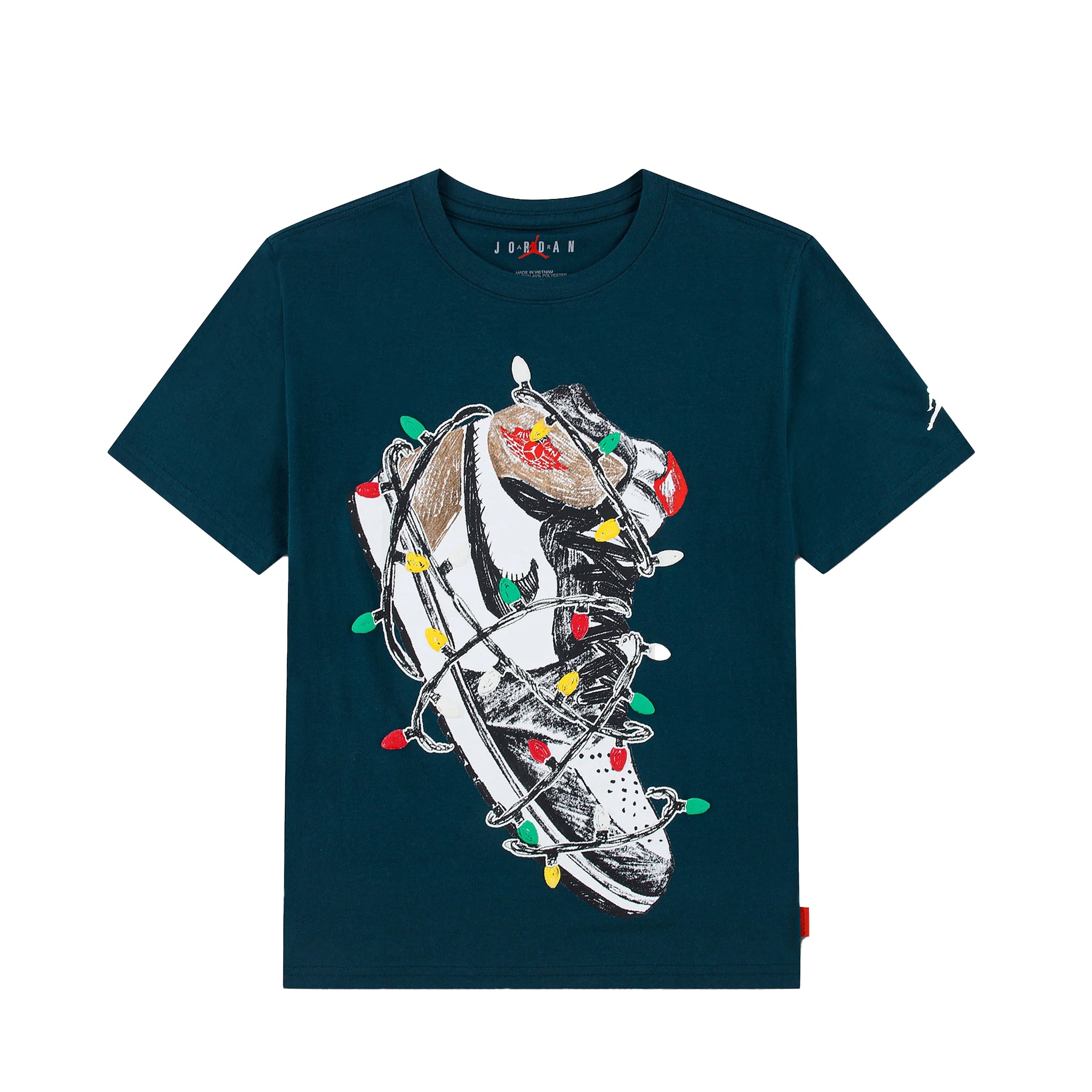 A dark teal Jordan t-shirt featuring a graphic of a sneaker wrapped in Christmas lights, displayed flat against a white background.