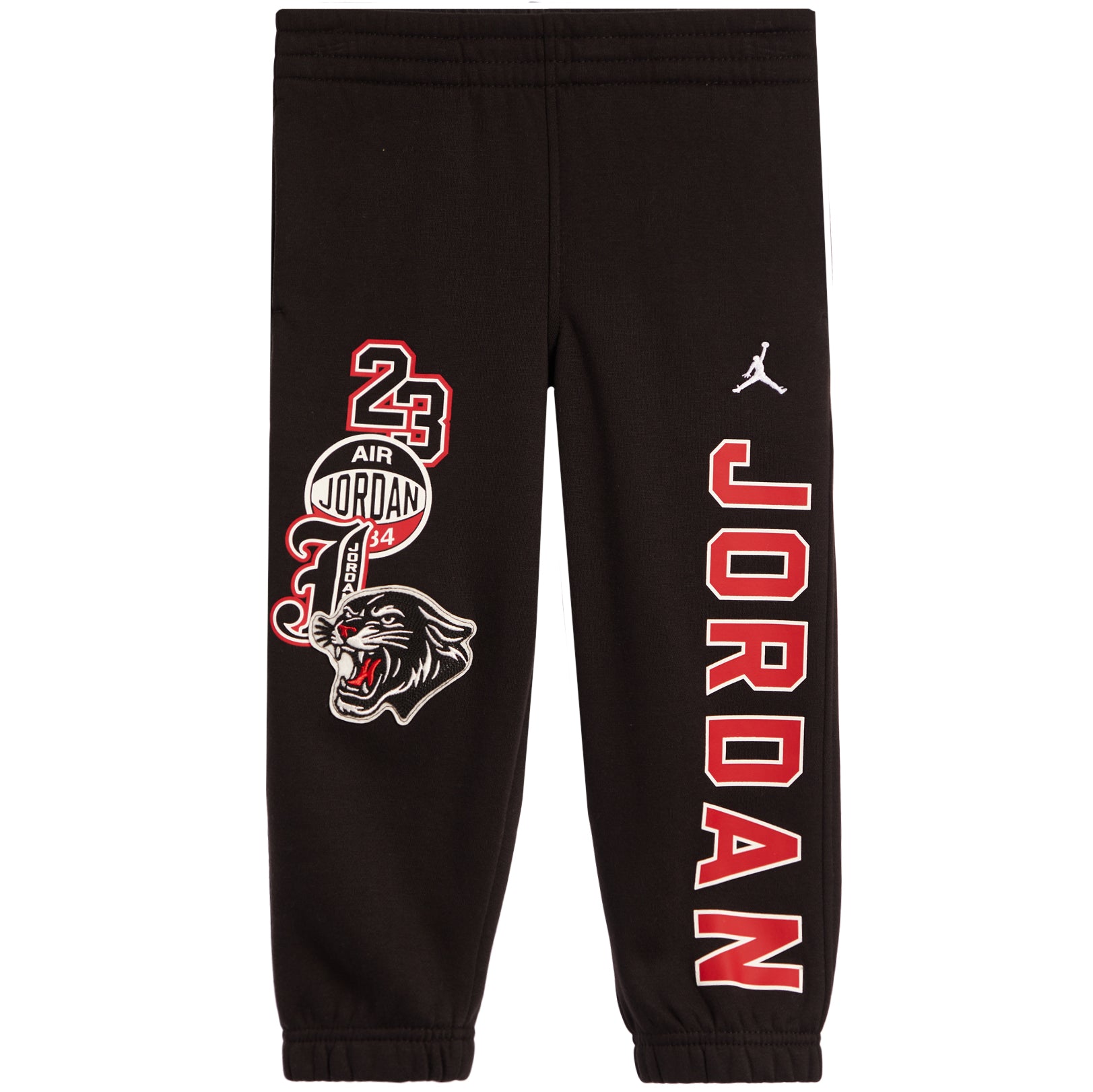 Black sweatpants featuring red and white Air Jordan graphics, including a large 'JORDAN' print down one leg, a '23' and wolf graphic on the other leg, and a white Jumpman logo near the right hip.