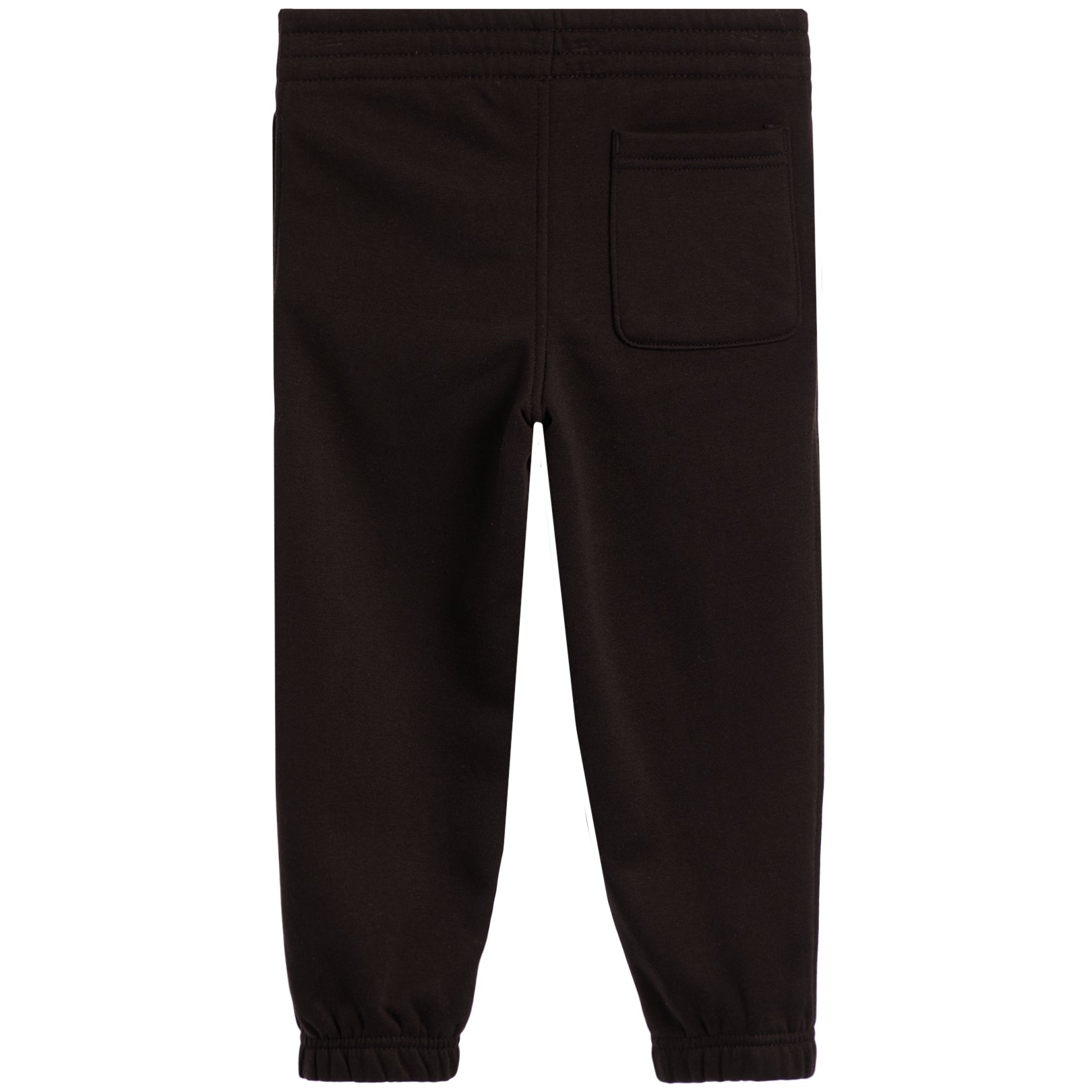 Black jogger pants shown from the back, featuring an elastic waistband, a back pocket, and elastic cuffs at the ankles, photographed against a solid white background.