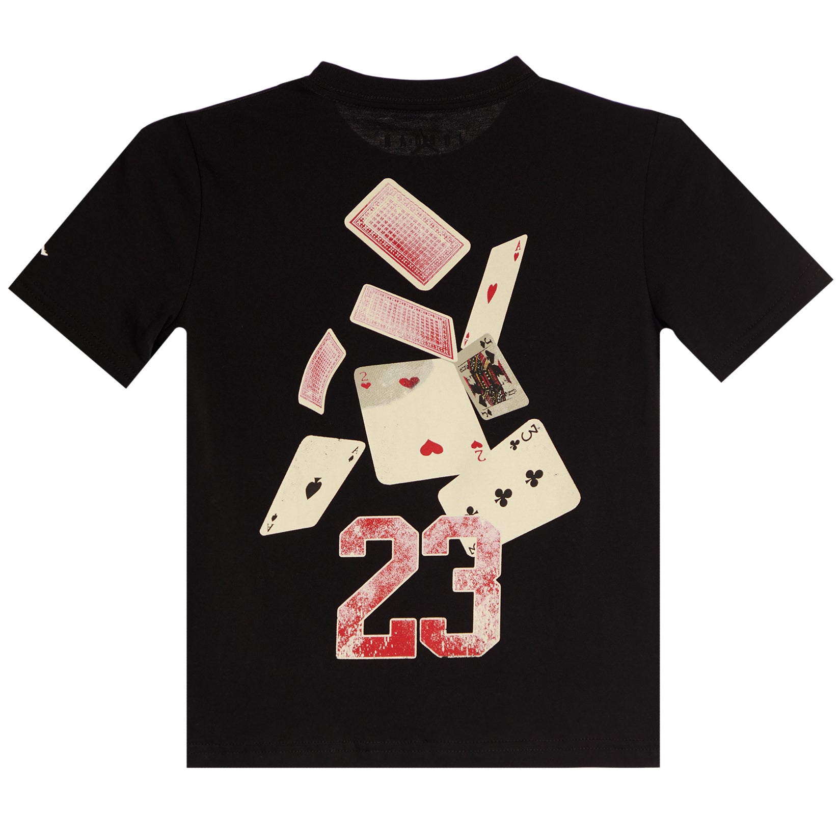 A black short-sleeve t-shirt featuring a graphic print of scattered playing cards and the number '23' in a distressed red and off-white font, displayed on a solid white background.