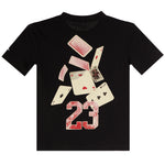 A black short-sleeve t-shirt featuring a graphic print of scattered playing cards and the number '23' in a distressed red and off-white font, displayed on a solid white background.