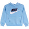 A light blue Nike pullover hoodie with a large embroidered logo on the chest, featuring a white swoosh and dark navy/black 'NIKE' text, shown against a plain white background.