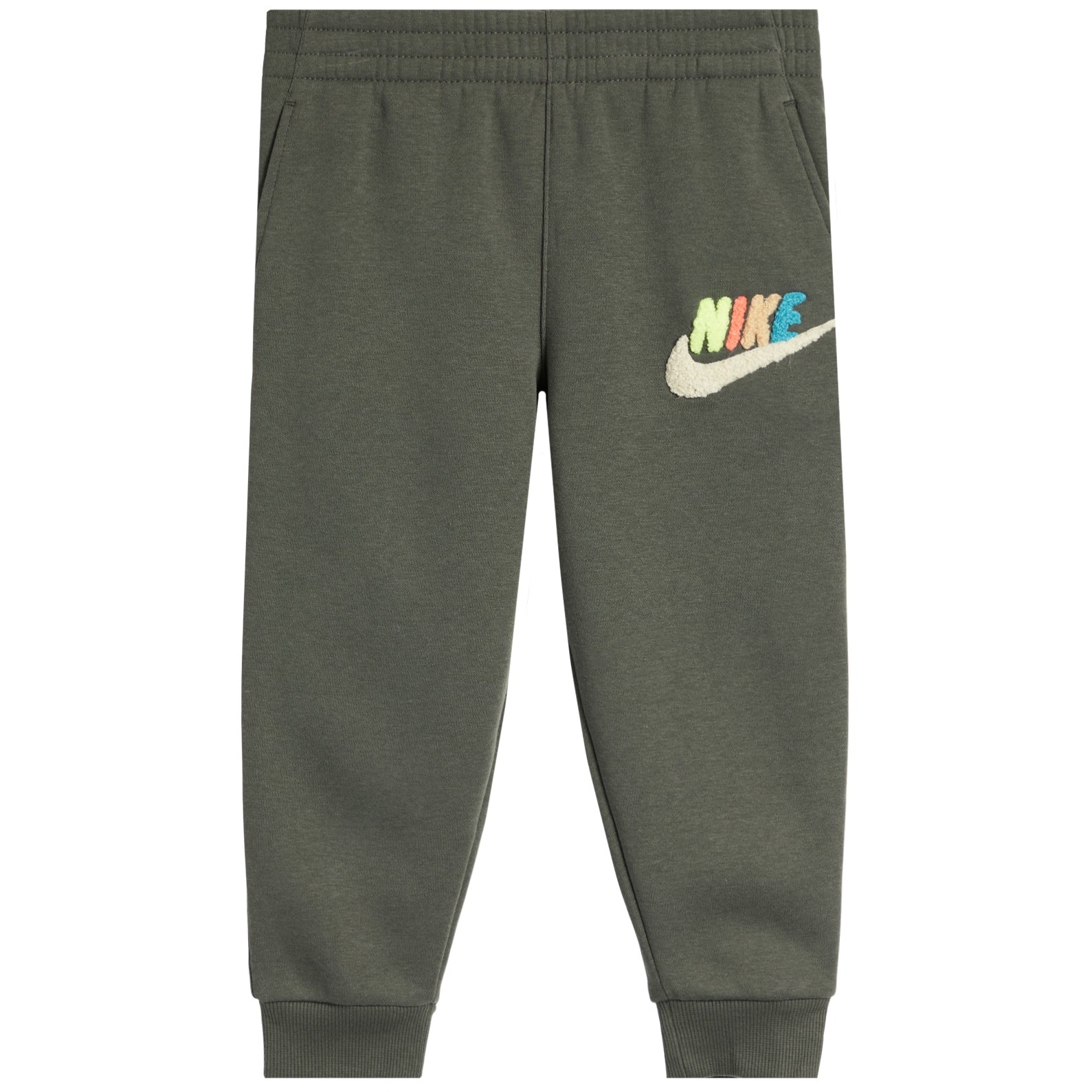An olive green Nike joggers with  colorful 'NIKE' lettering on the pant, a white swoosh logo