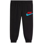 A black Nike joggers with  red 'NIKE' lettering on the pant, a white swoosh logo.