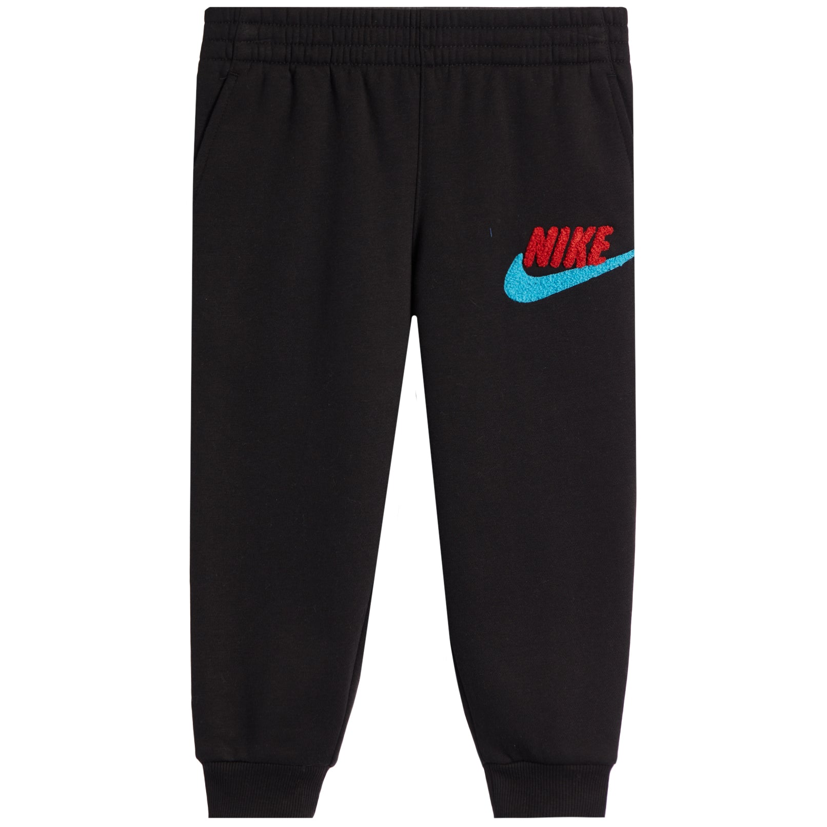 A black Nike joggers with  red 'NIKE' lettering on the pant, a white swoosh logo.