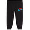 A black Nike joggers with  red 'NIKE' lettering on the pant, a white swoosh logo.